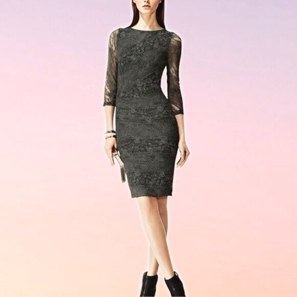 REISS Ivanka Lace Ruched Sheath Dress Size 2 Black Cream - Picture 1 of 7